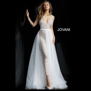Jovani Sparkling White Pearl and Silver Jumpsuit #600010